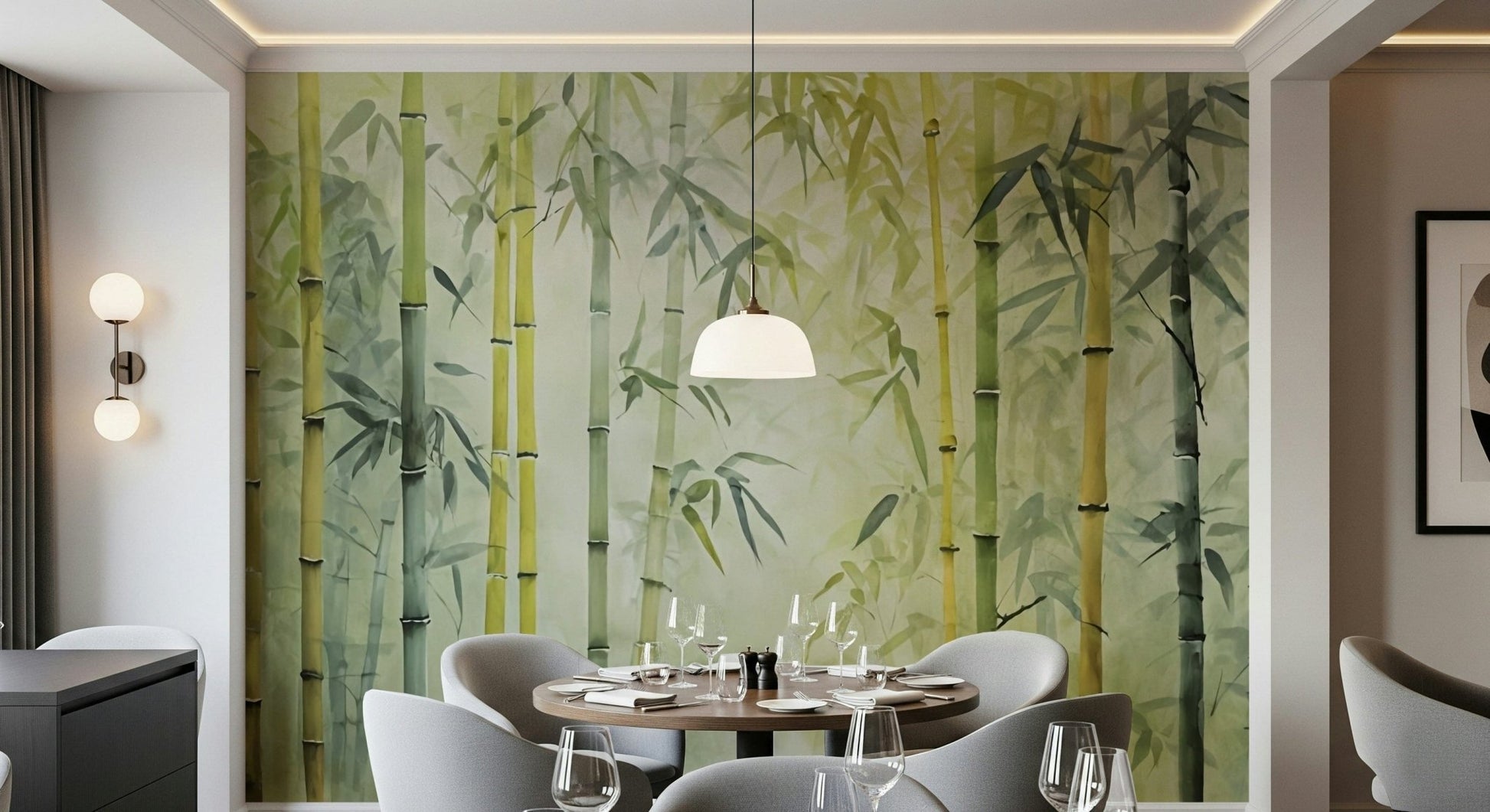 Bamboo Forest Serenity wallpaper mural in green behind a round table and grey chairs in a dining room