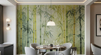 Bamboo Forest Serenity wallpaper mural in green behind a round table and grey chairs in a dining room