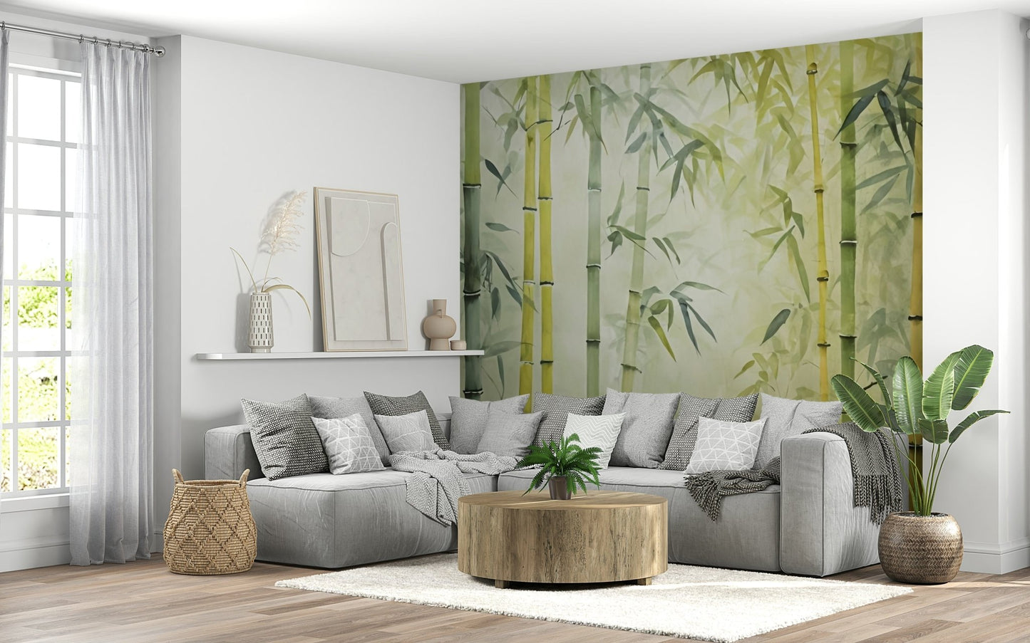 Bamboo Forest Serenity wallpaper mural in green behind a grey L-shaped sectional and round wood table