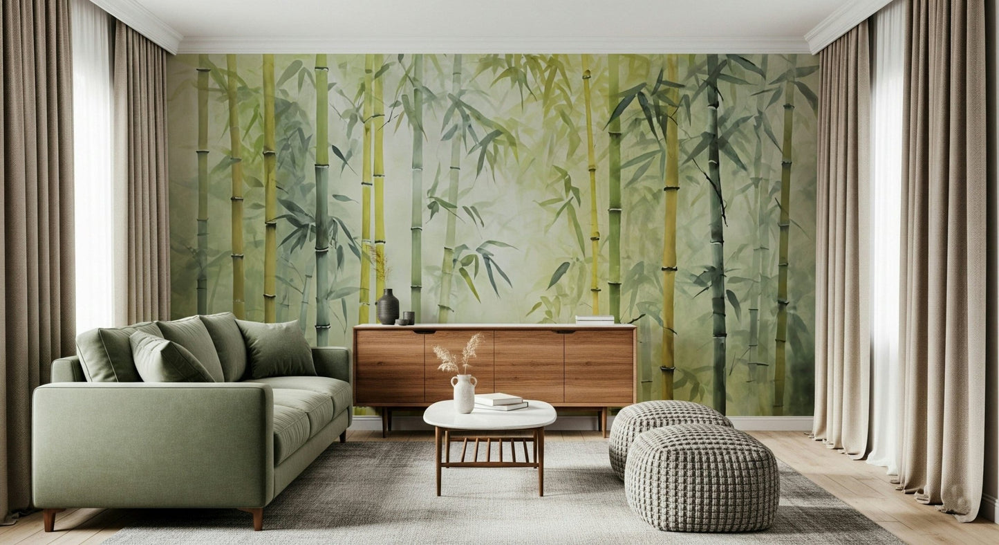 Bamboo Forest Serenity wallpaper mural in green behind a sage green sofa and walnut sideboard