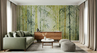 Bamboo Forest Serenity wallpaper mural in green behind a sage green sofa and walnut sideboard
