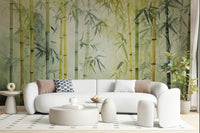 Bamboo Forest Serenity wallpaper mural in green behind a curved white sofa with blue and tan pillows