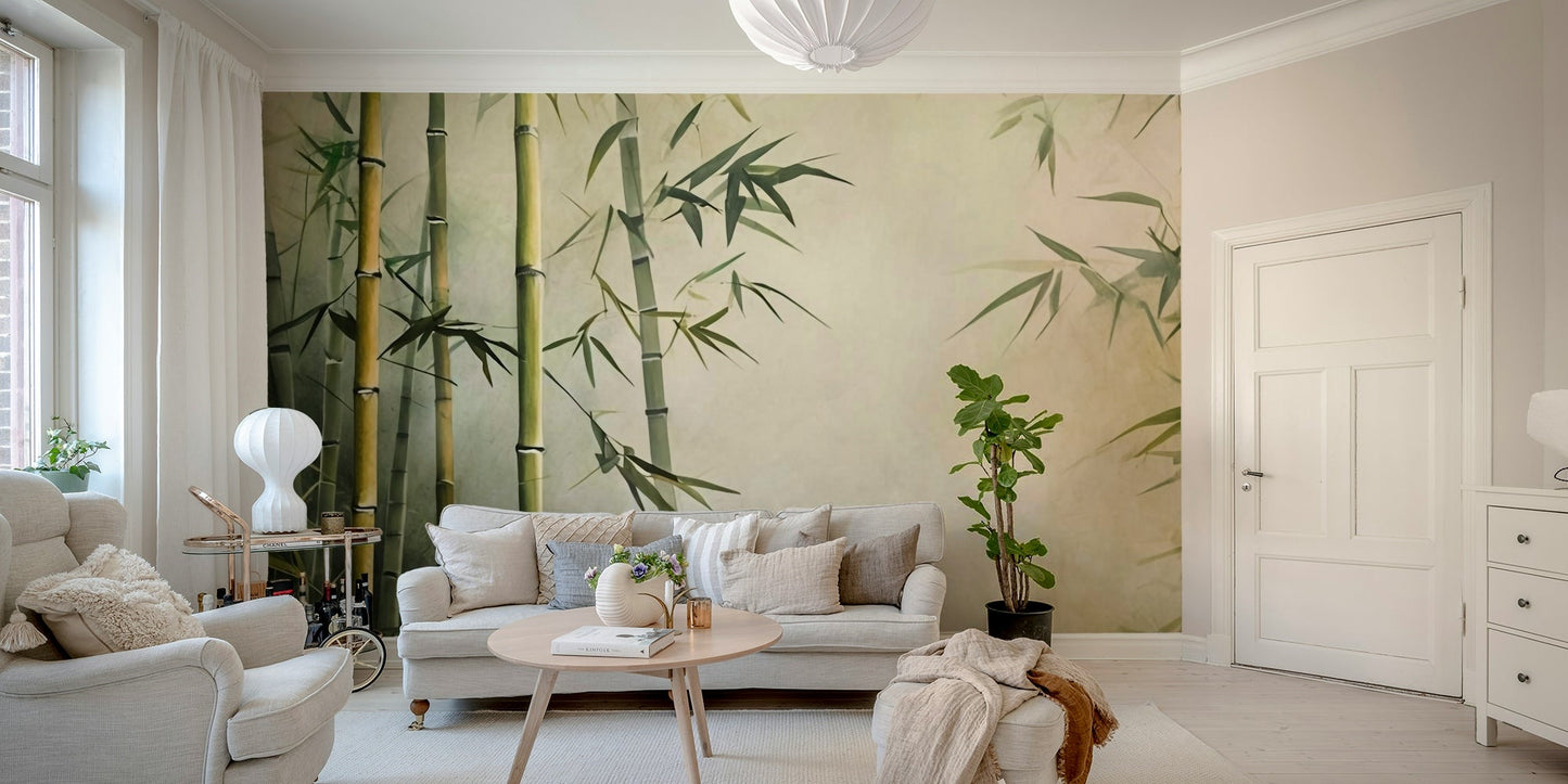 A wall mural of a bamboo forest.

