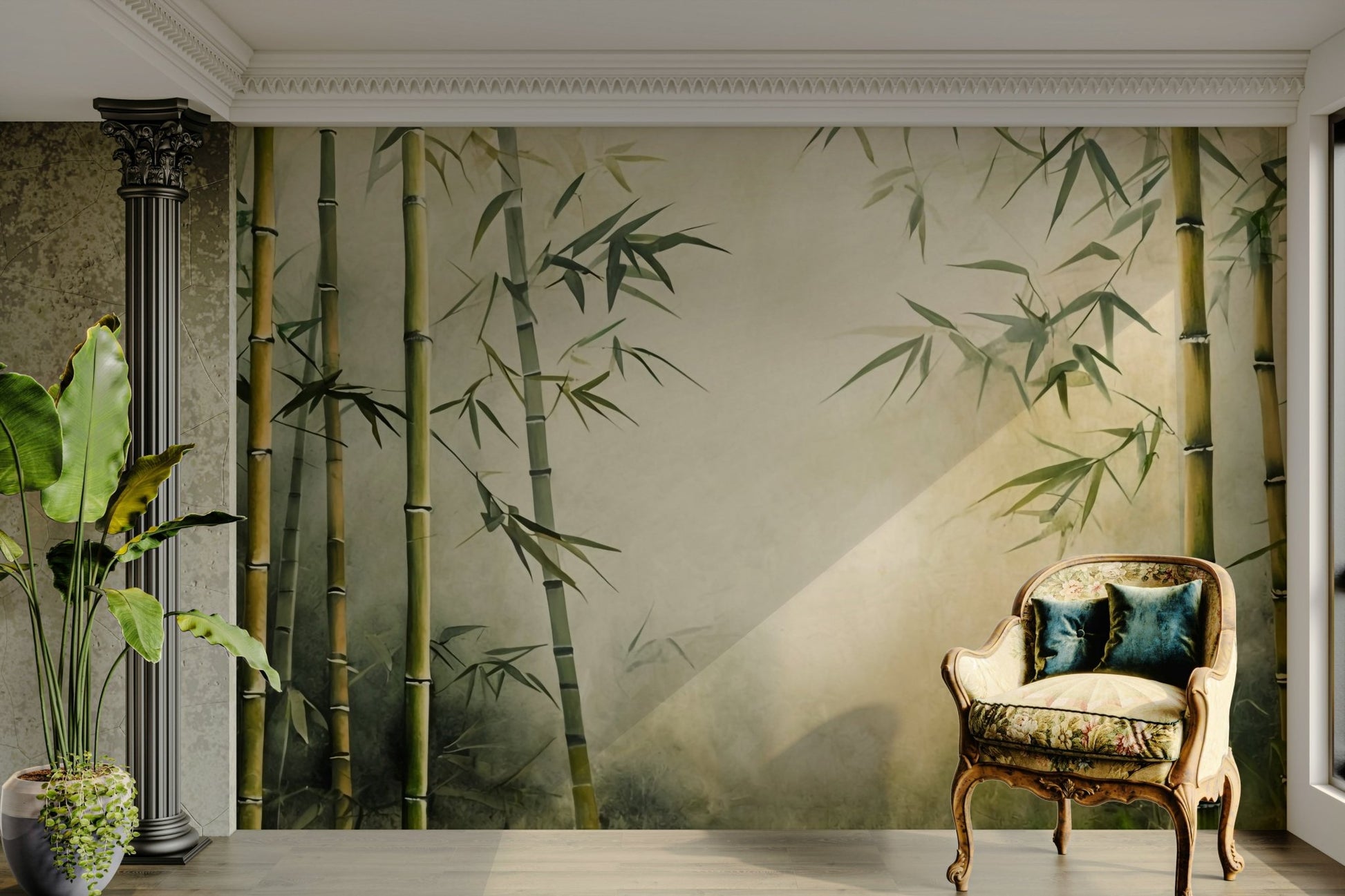 The colors are soft, muted tones of green, beige, and white.

