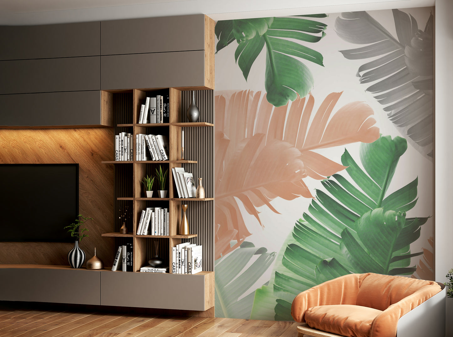 Playroom with tropical banana leaf wallpaper

