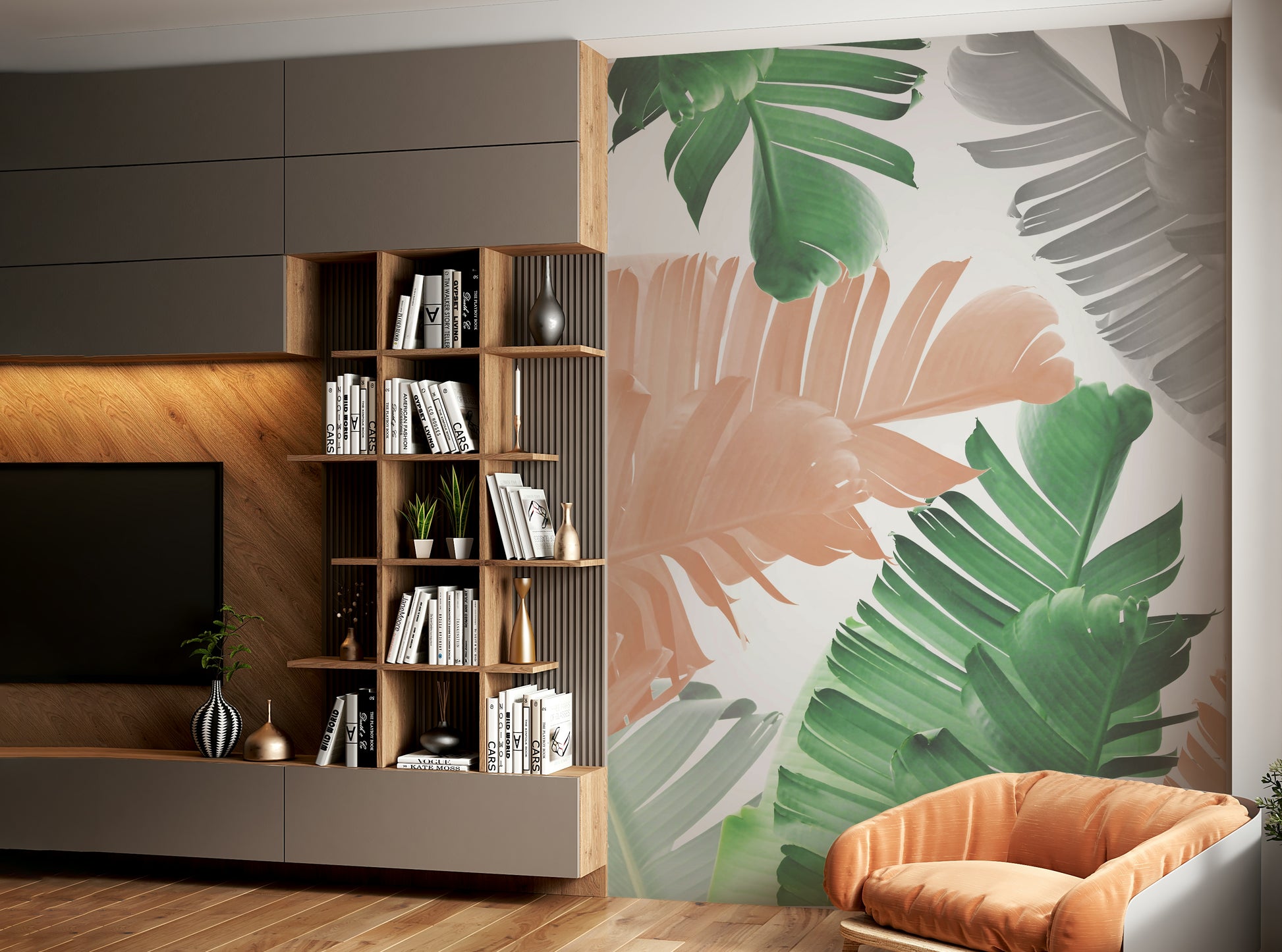 Playroom with tropical banana leaf wallpaper

