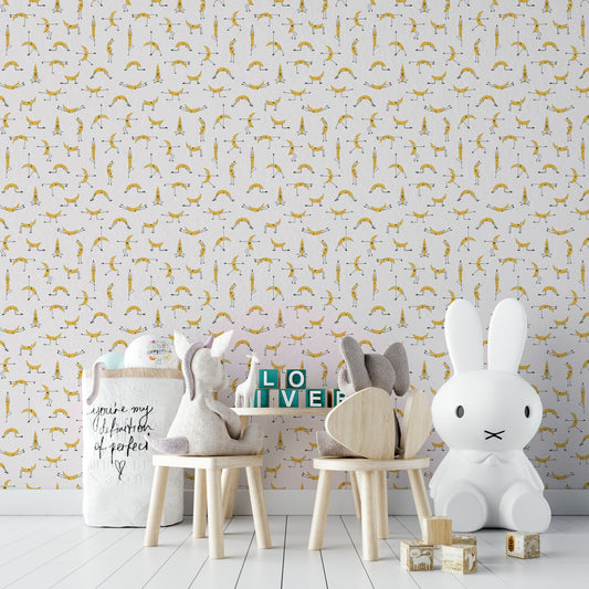 Unique home gym with banana-themed yoga wallpaper

