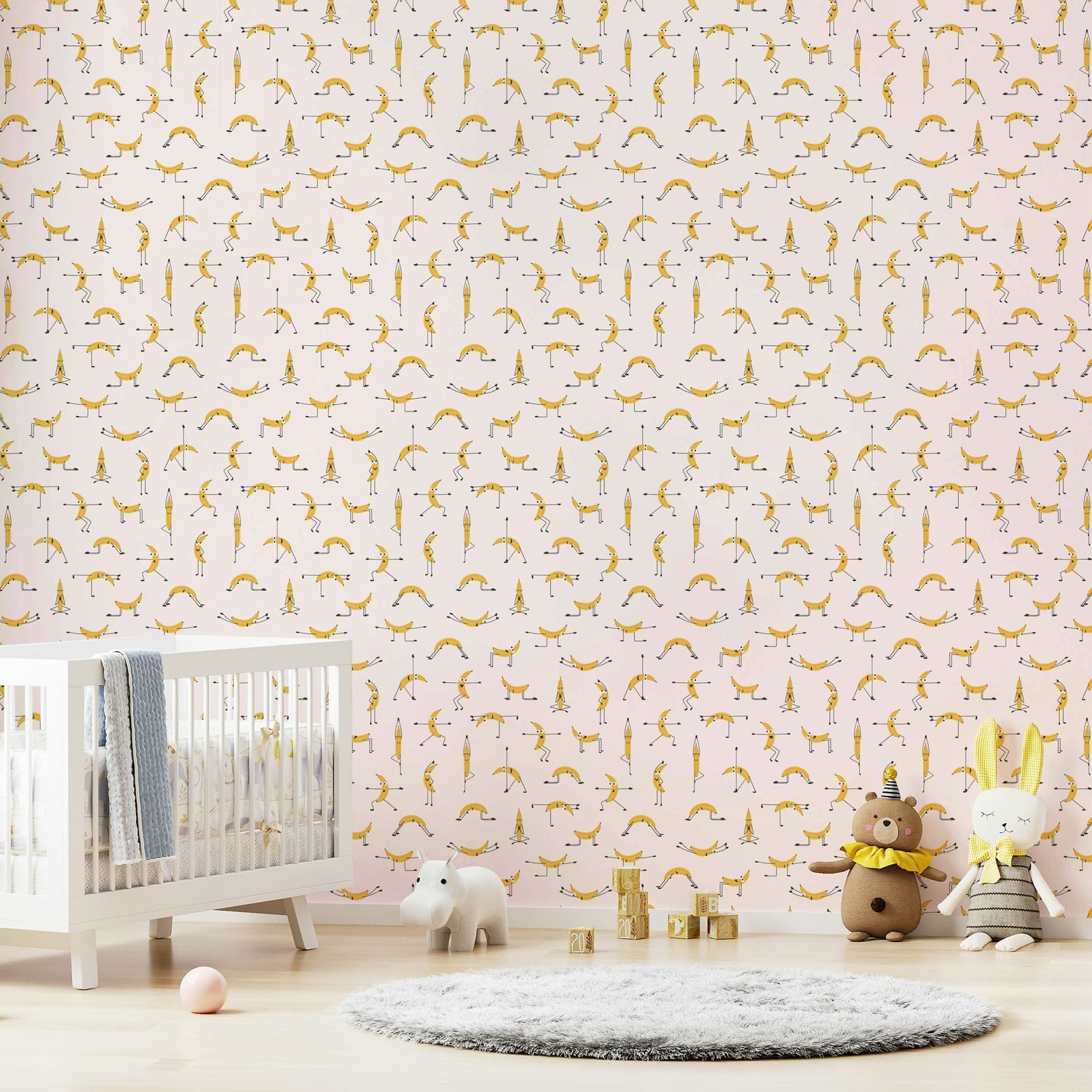 Humorous wallpaper with stretching banana illustrations

