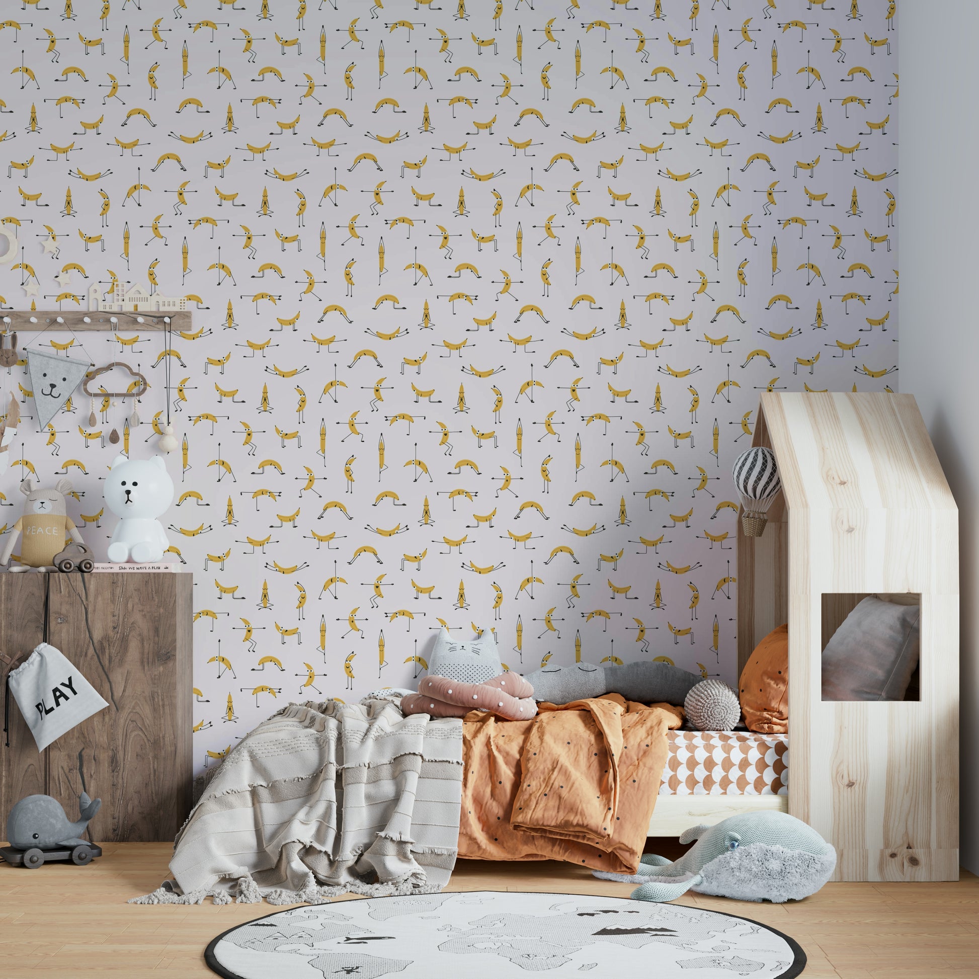 Banana yoga-themed wallpaper with playful design

