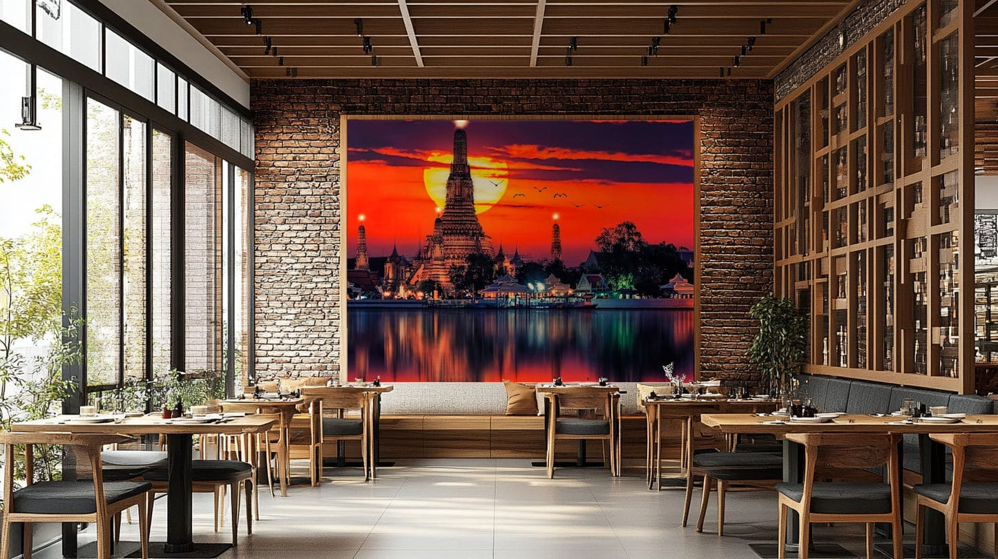 An artistic Asian city mural on minimalist wallpaper.

