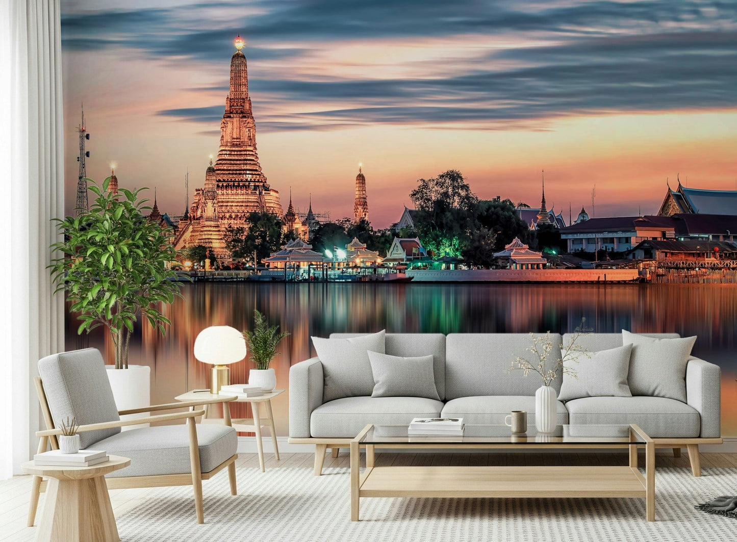 Waterfront Bangkok Dawn Reflection mural peel and stick wallpaper.