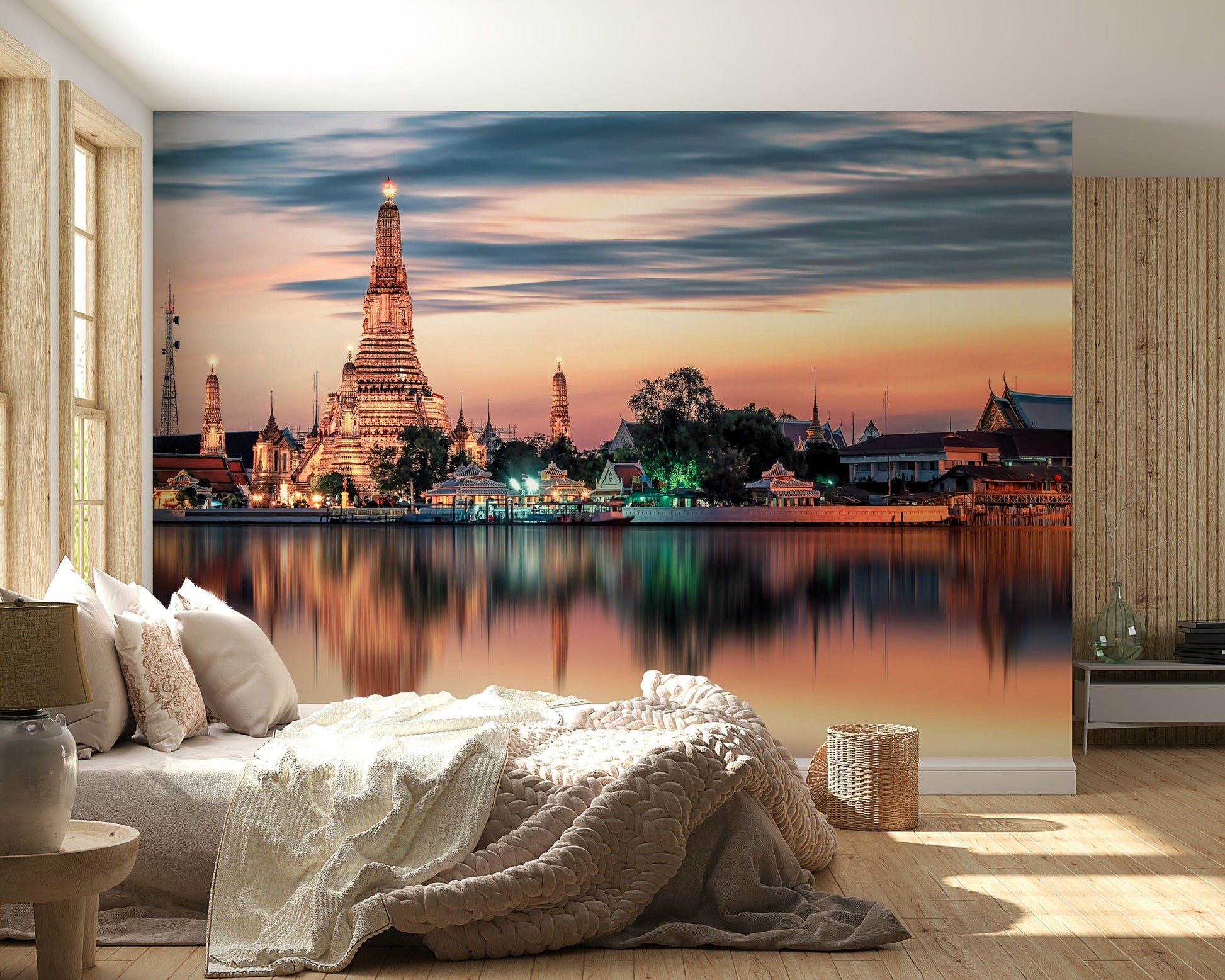 Golden Wat Arun Bangkok Dawn Reflection wallpaper for walls.