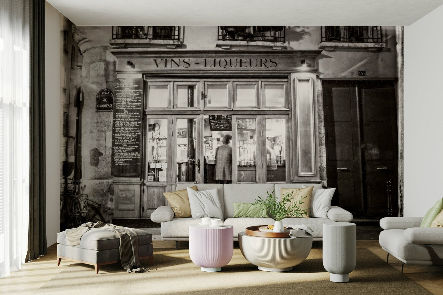 Paris sidewalk cafe mural with tables and cozy ambiance.

