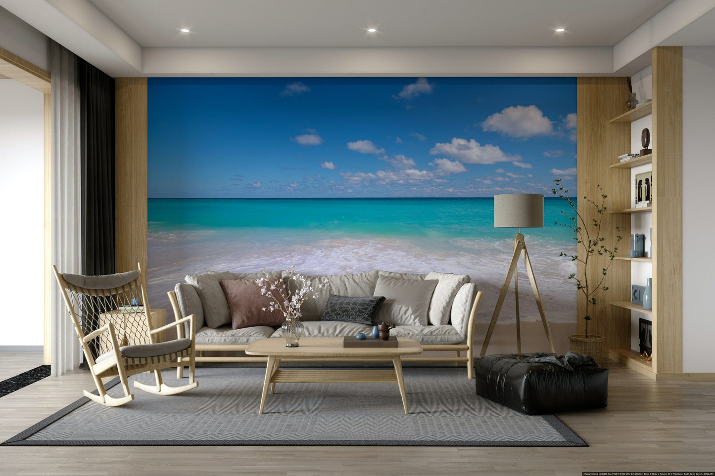 The mural shows a peaceful ocean scene.

