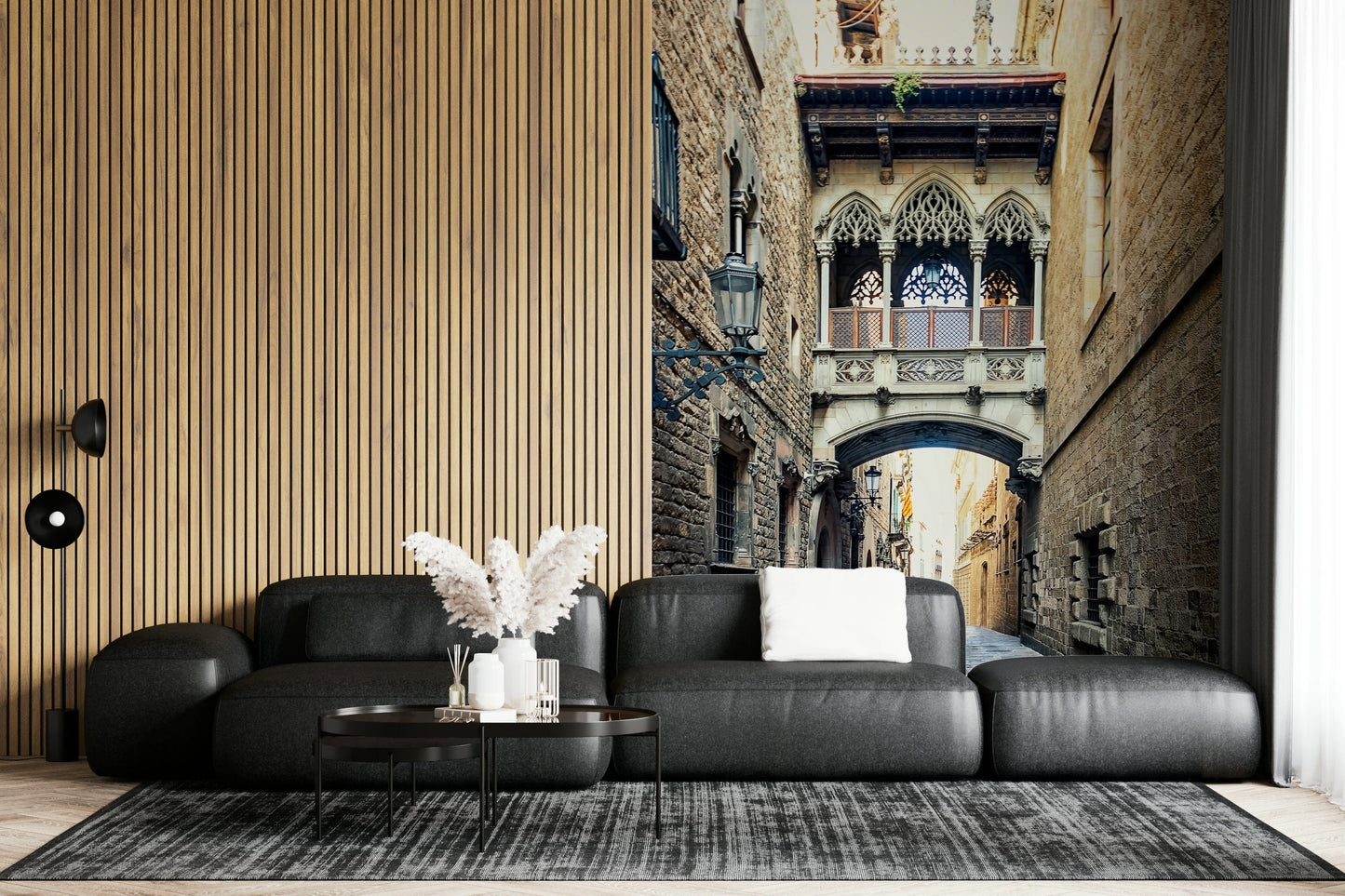 Cobblestone lane Gothic Quarter Archway peel and stick wall art.