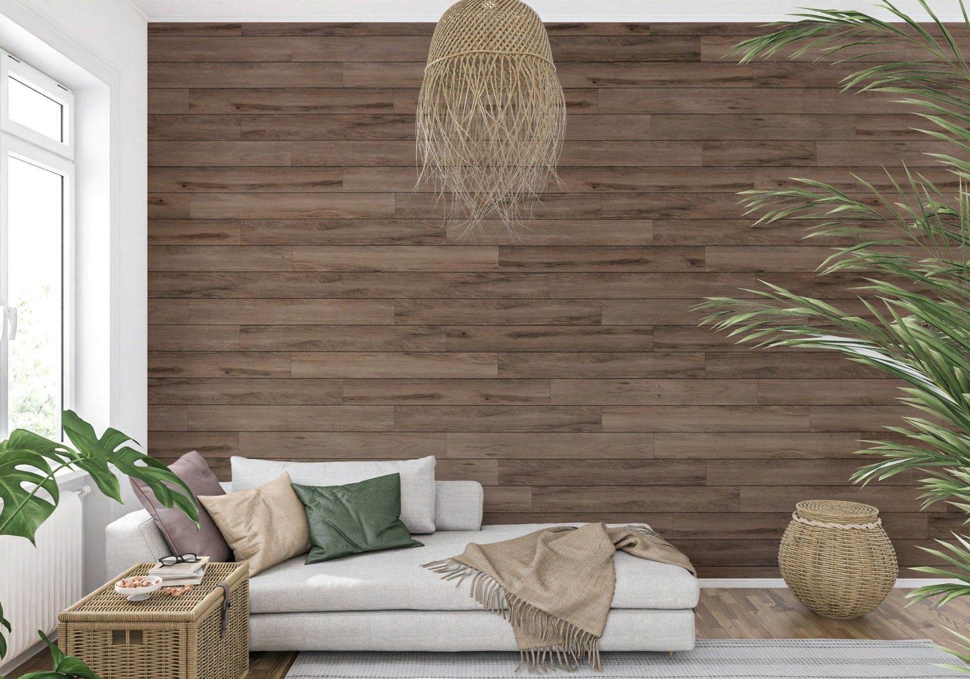 Barn Wood Beauty wallpaper mural in brown planks behind a white chaise sofa with a rattan pendant and palm