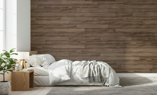 Barn Wood Beauty wallpaper mural in brown wood planks behind a white bed and wood nightstand in a bedroom
