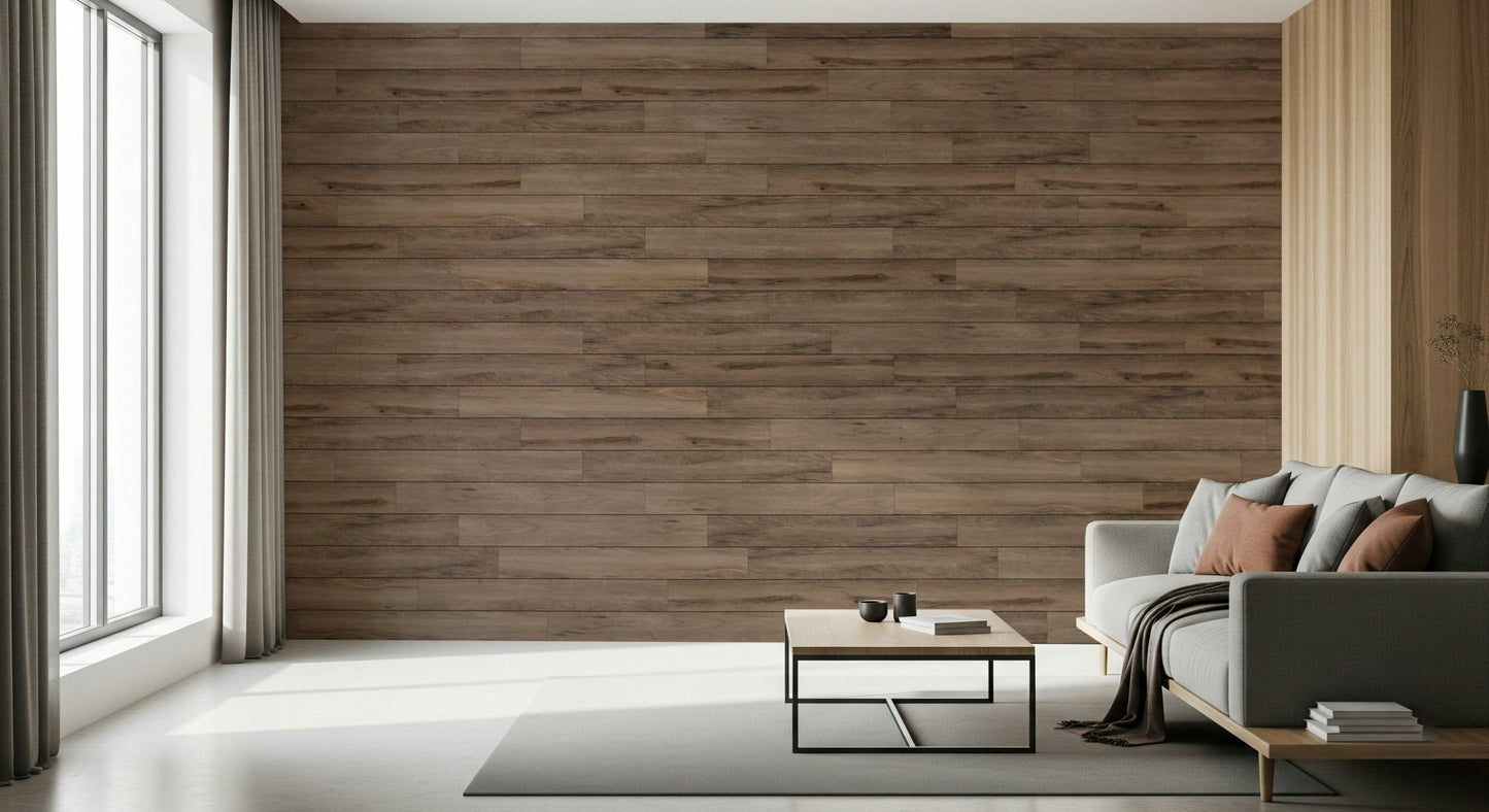 Barn Wood Beauty wallpaper mural in brown wood planks behind a gray sofa with rust pillows and curtains