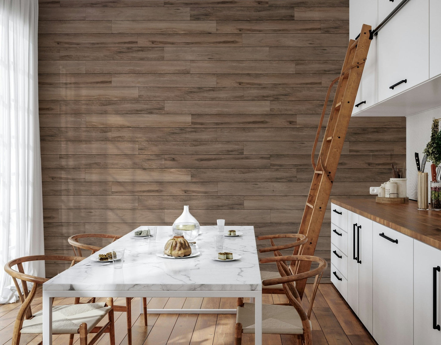 Barn Wood Beauty wallpaper mural in brown planks behind a white marble dining table and library ladder