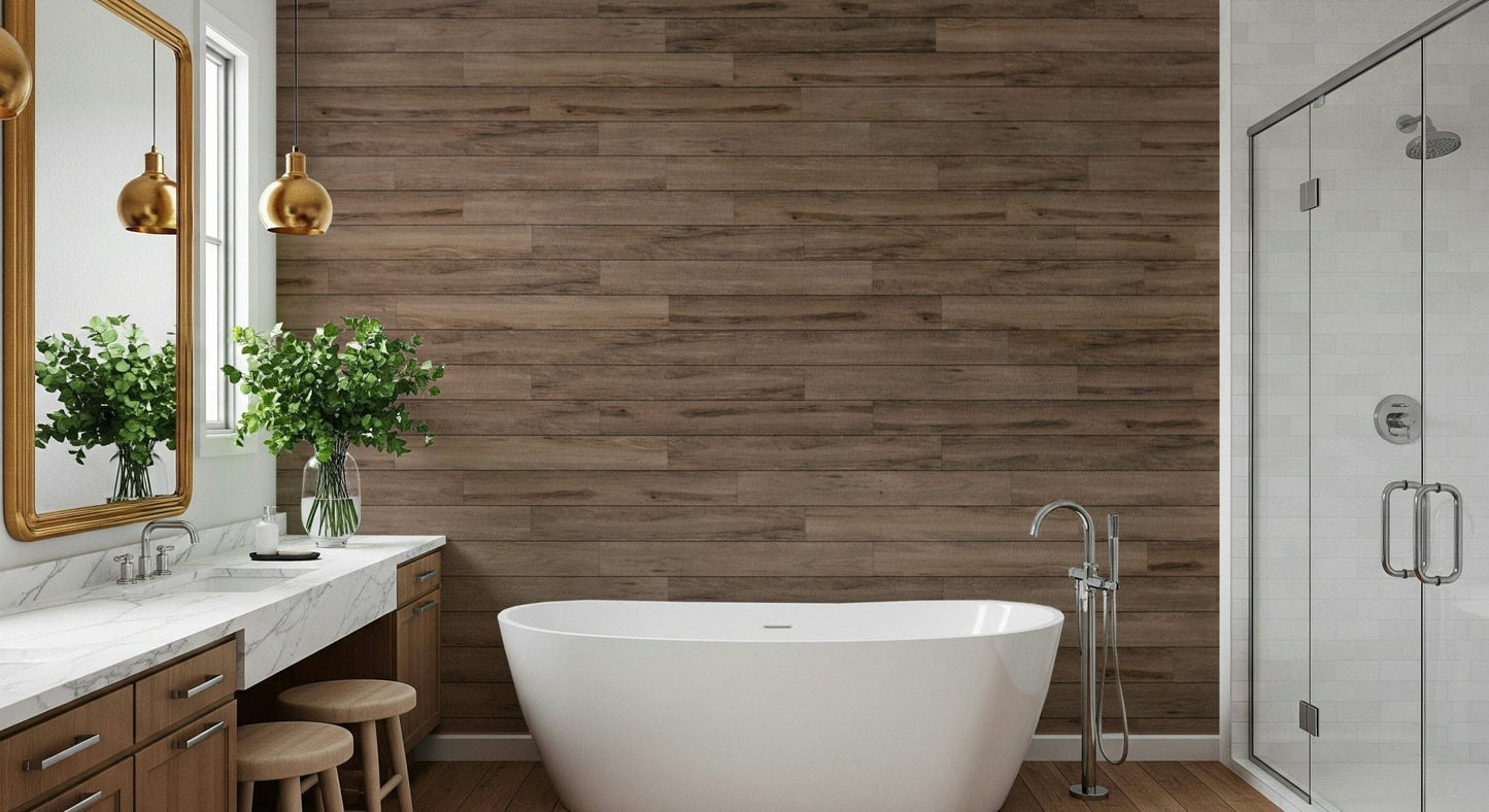 Barn Wood Beauty wallpaper mural in brown wood planks behind a white freestanding tub in a modern bathroom