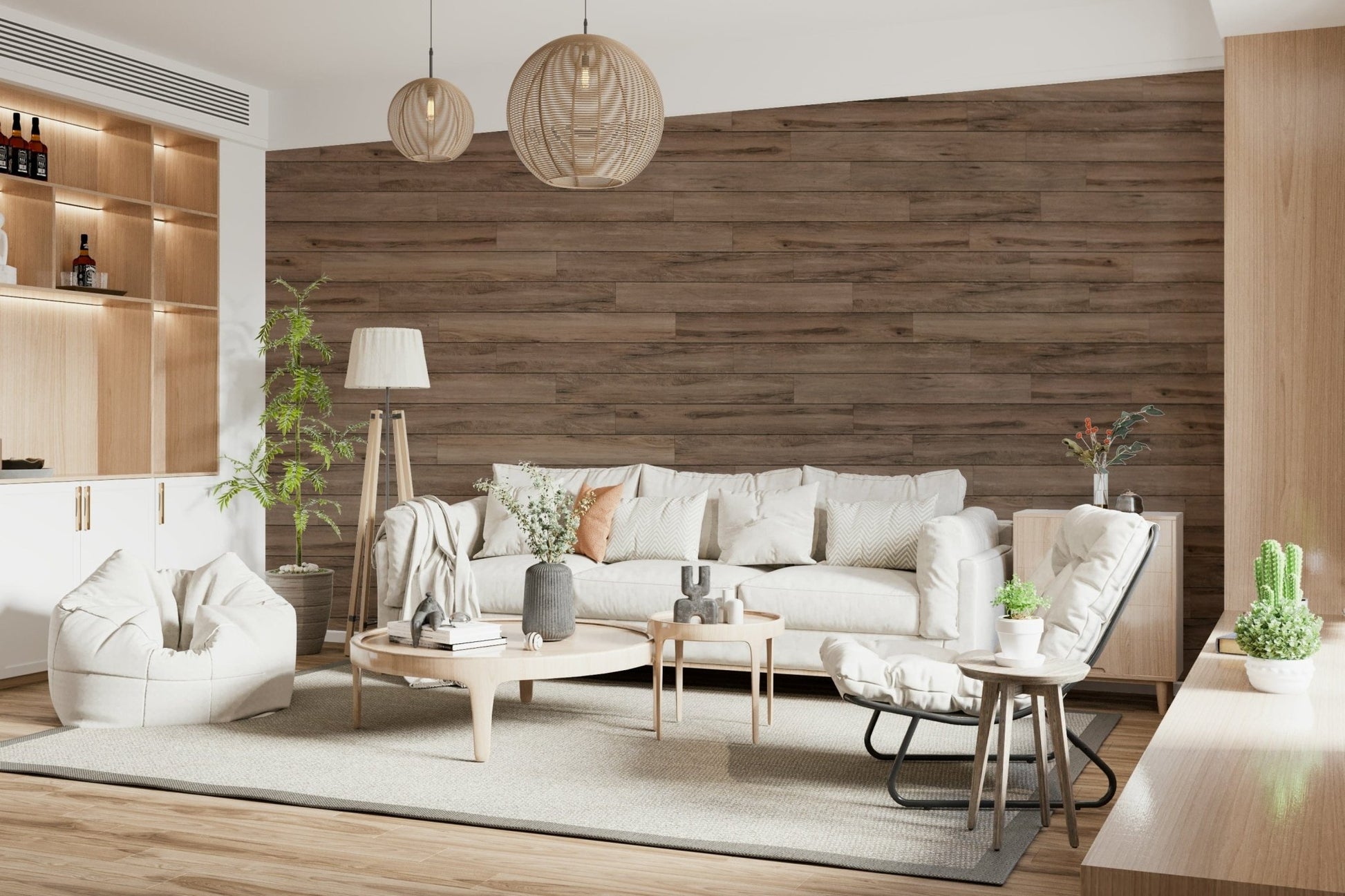 Barn Wood Beauty wallpaper mural in brown planks behind a white sofa with rattan pendants in a cozy lounge