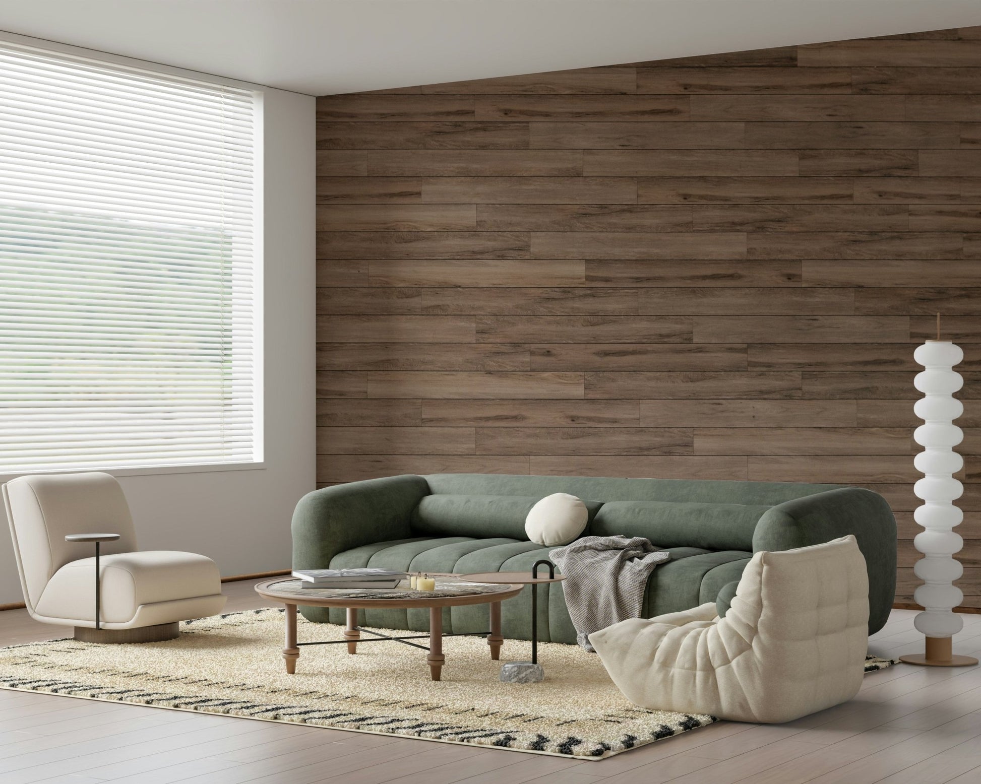 Barn Wood Beauty wallpaper mural in brown wood planks behind a green sofa and round wood coffee table