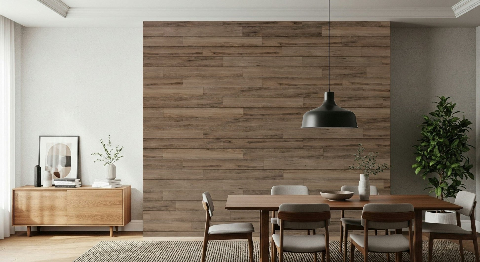 Barn Wood Beauty wallpaper mural in weathered brown planks behind a wood dining table and black pendant