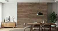 Barn Wood Beauty wallpaper mural in weathered brown planks behind a wood dining table and black pendant