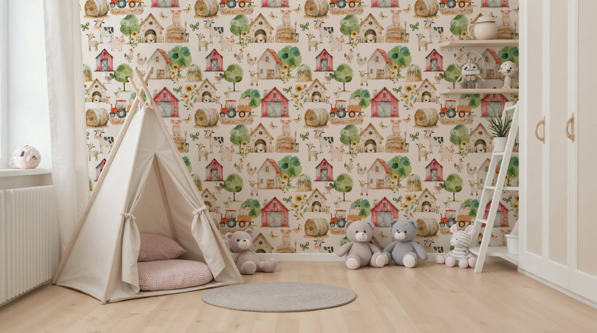 Engaging Barnyard Buddies wallpaper for rooms, detailed farm scene, decorative feature.