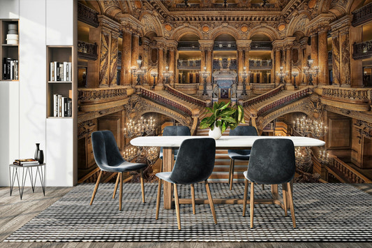 An artistic ornate style mural on luxury wallpaper.

