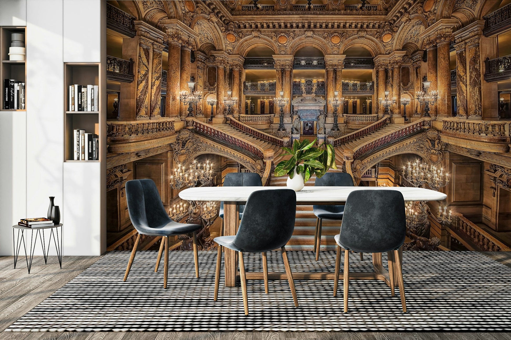 An artistic ornate style mural on luxury wallpaper.

