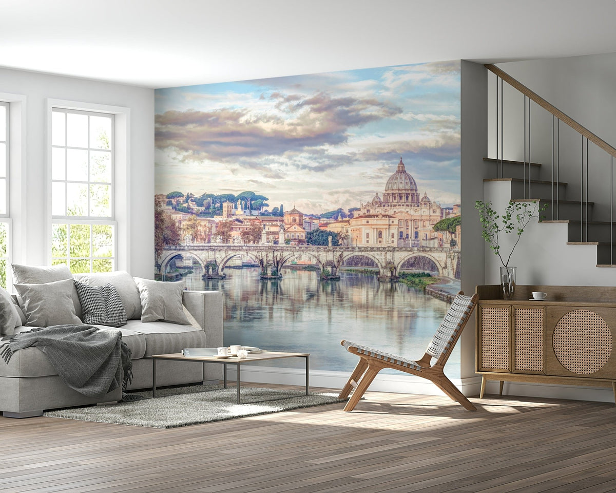 Basilica di San Pietro wallpaper mural of St Peters dome over the Tiber behind a grey sofa and cane chair in a living room