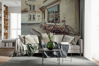 Bicycle mural for café-style kitchen corner, street scene wallpaper with soft light and warm colors
