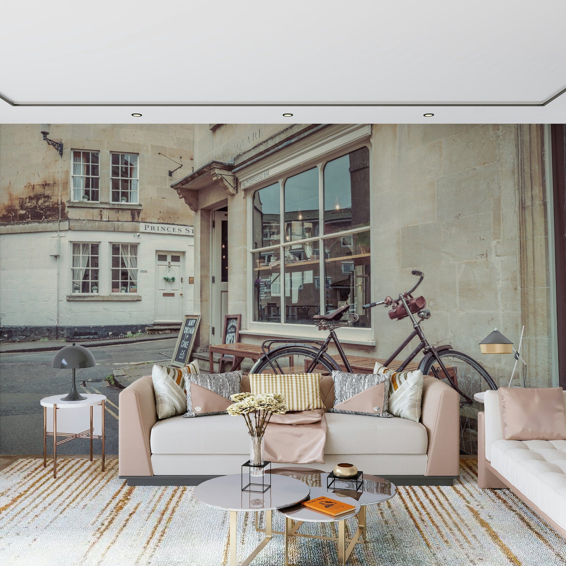 Entryway wall mural with bicycle street view, modern wall decor that suits a narrow space