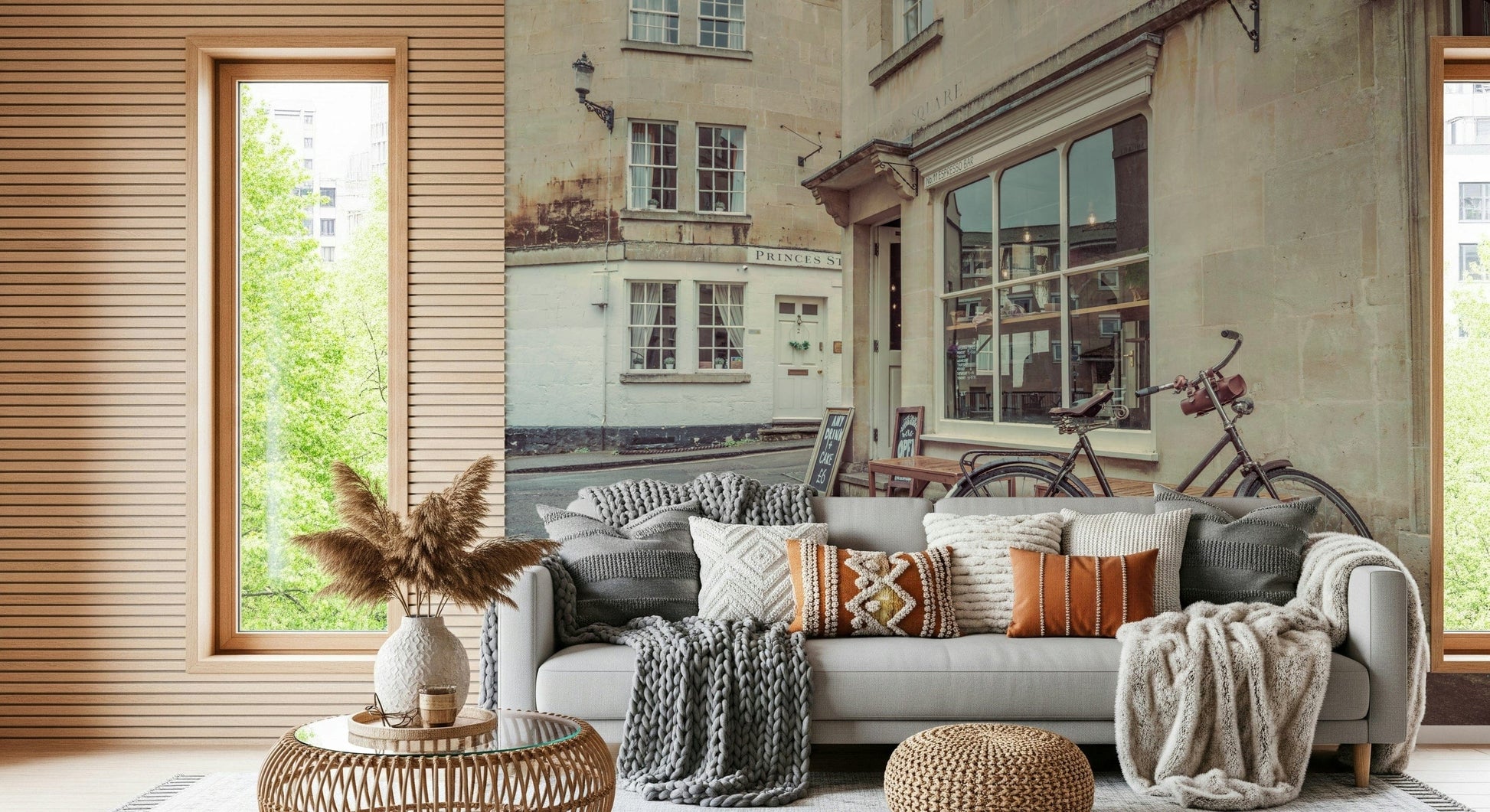 Bicycle stroll city mural in home office, calm street view wallpaper for a modern feature wall