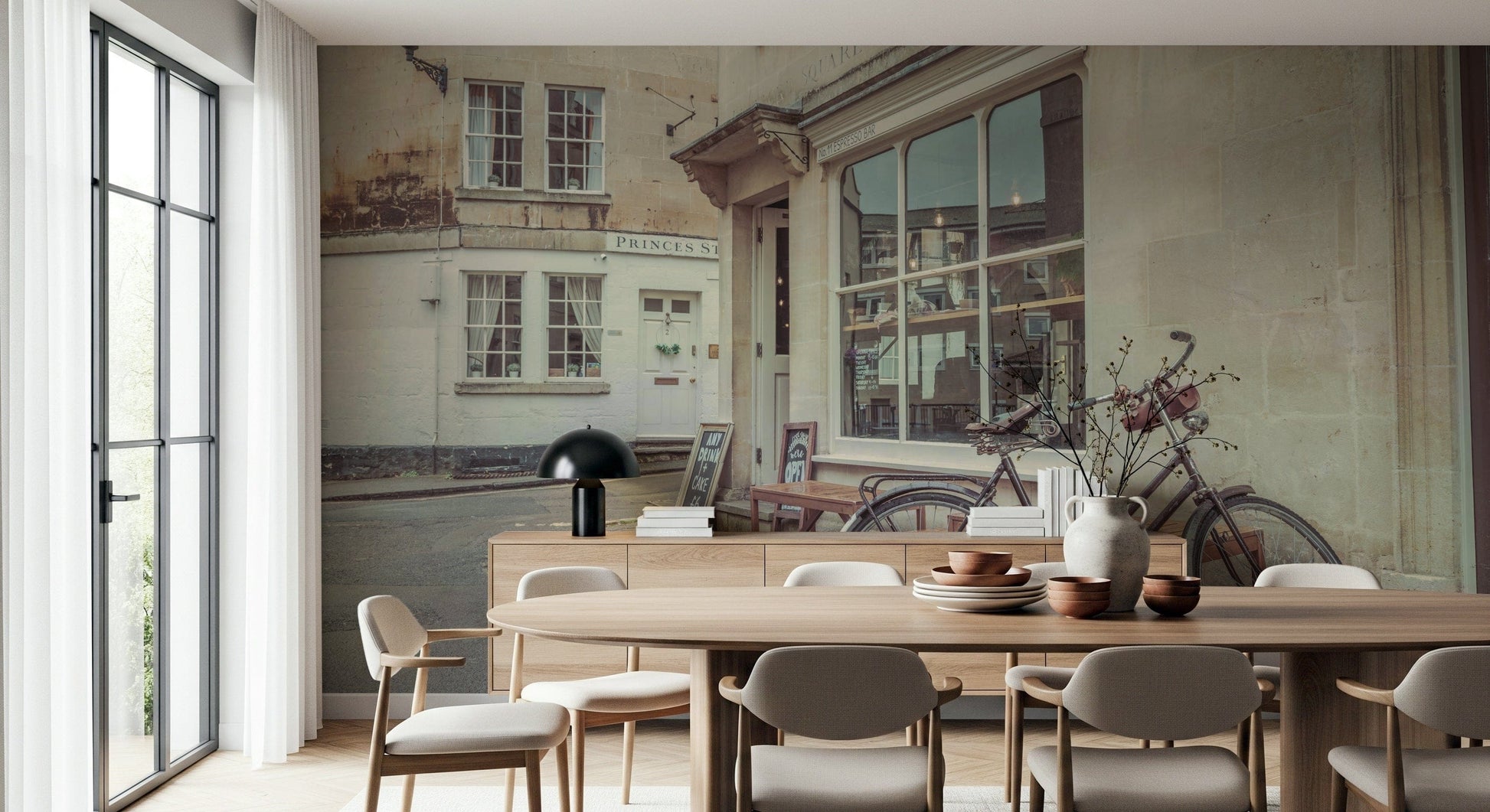 Bath's Bicycle Stroll Wall Mural in studio, travel wall decor with detailed architecture and bike