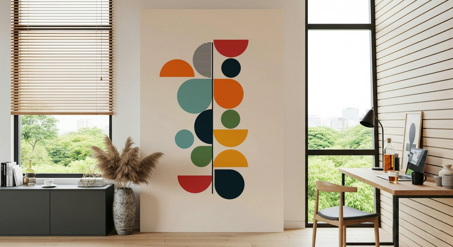Bauhaus Spring wallpaper mural of colorful shapes beside a wood desk and window in a home office