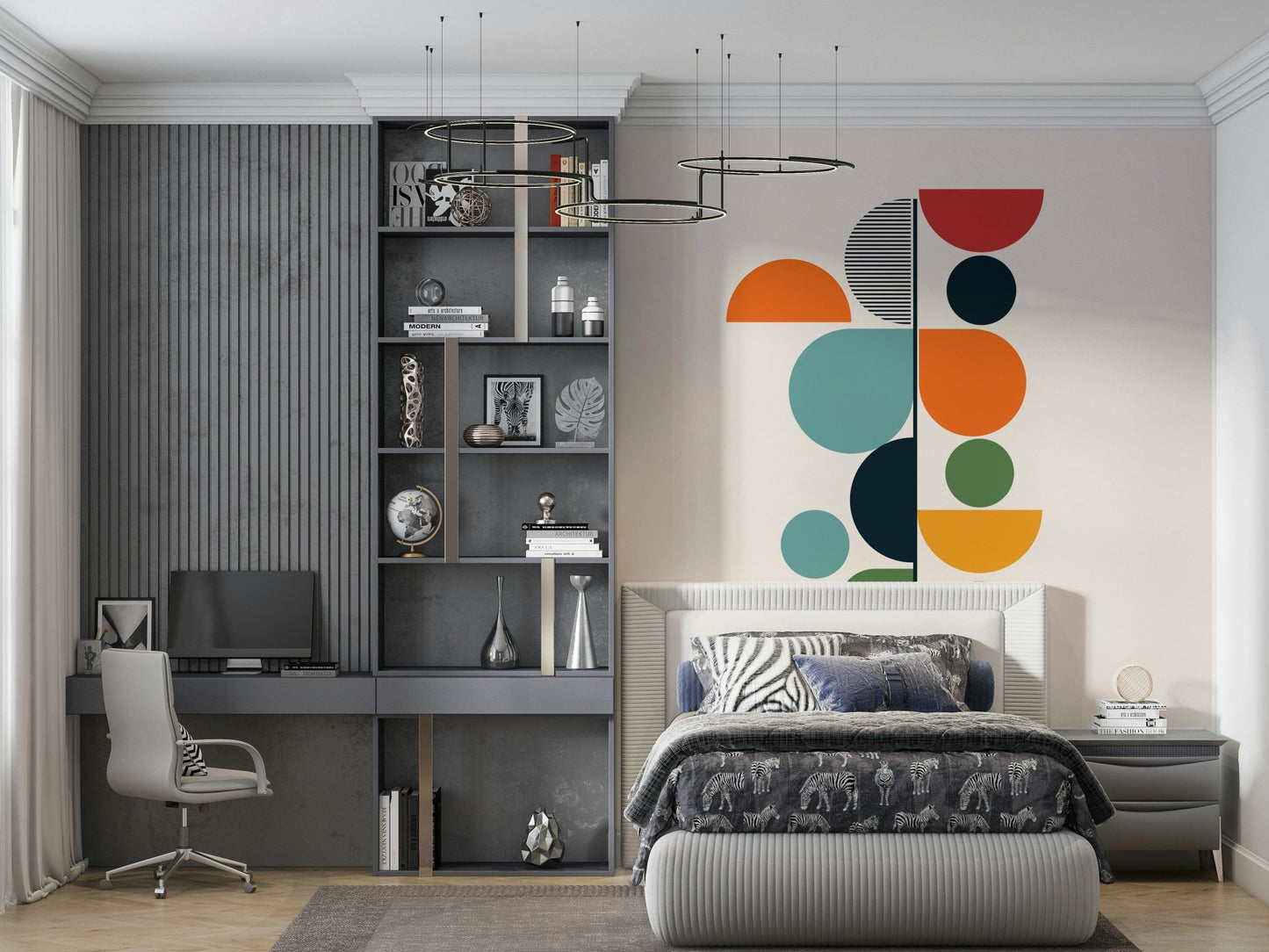 Bauhaus Spring wallpaper mural behind a grey bed with zebra bedding in a modern teen bedroom