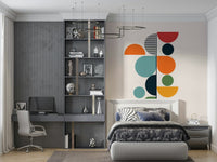 Bauhaus Spring wallpaper mural behind a grey bed with zebra bedding in a modern teen bedroom