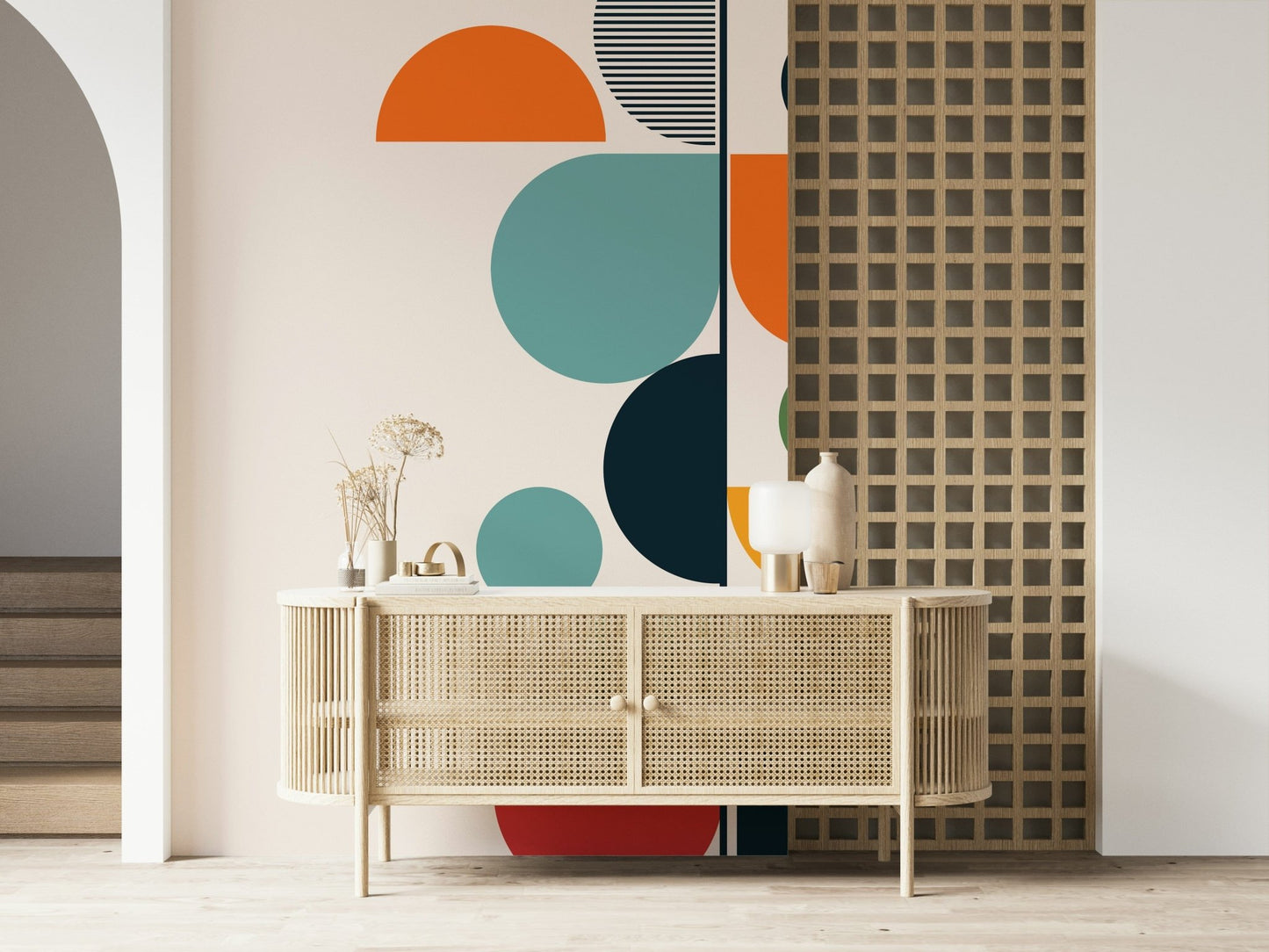 Bauhaus Spring wallpaper mural of bold circles above a cane sideboard near a lattice screen