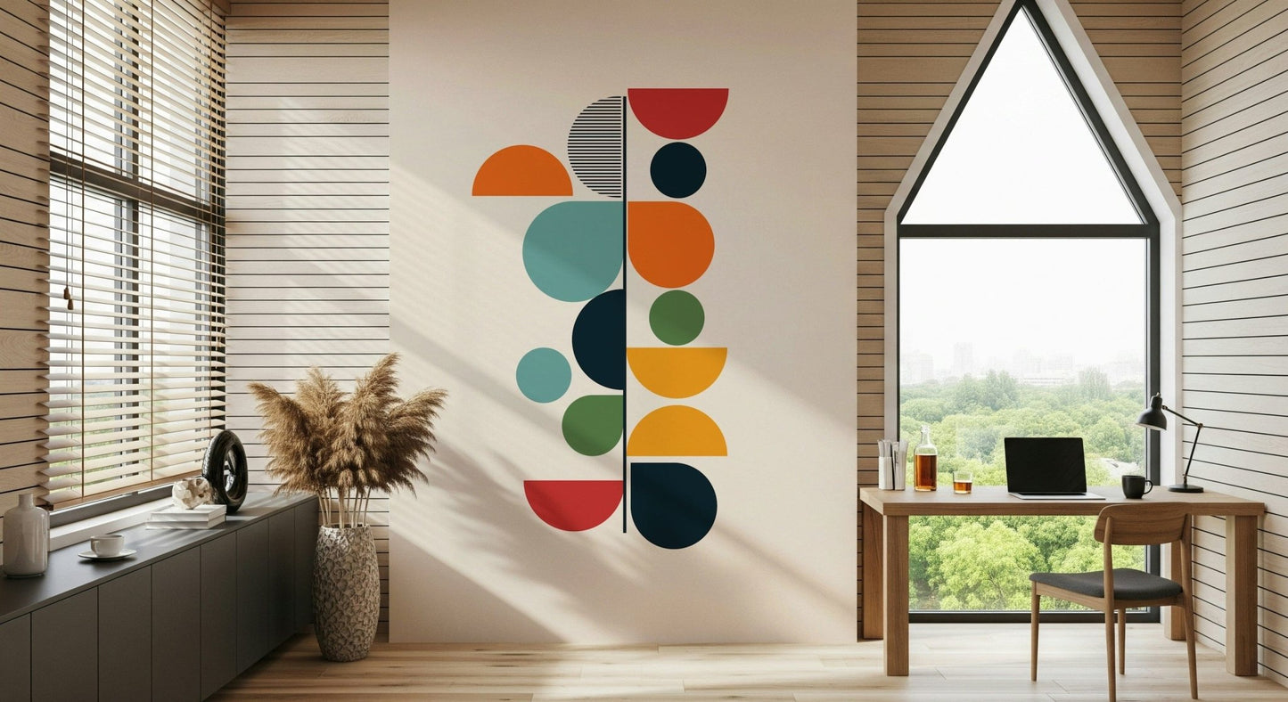 Bauhaus Spring wallpaper mural with stacked geometric shapes beside a wood desk in a home office