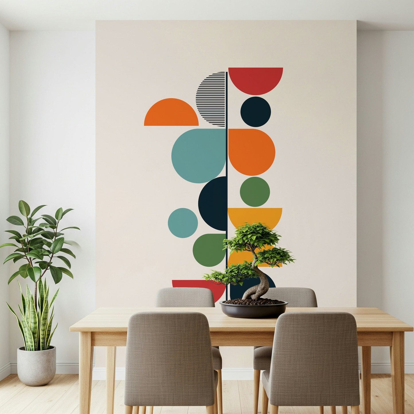 Bauhaus Spring wallpaper mural behind a wood dining table with a bonsai centerpiece