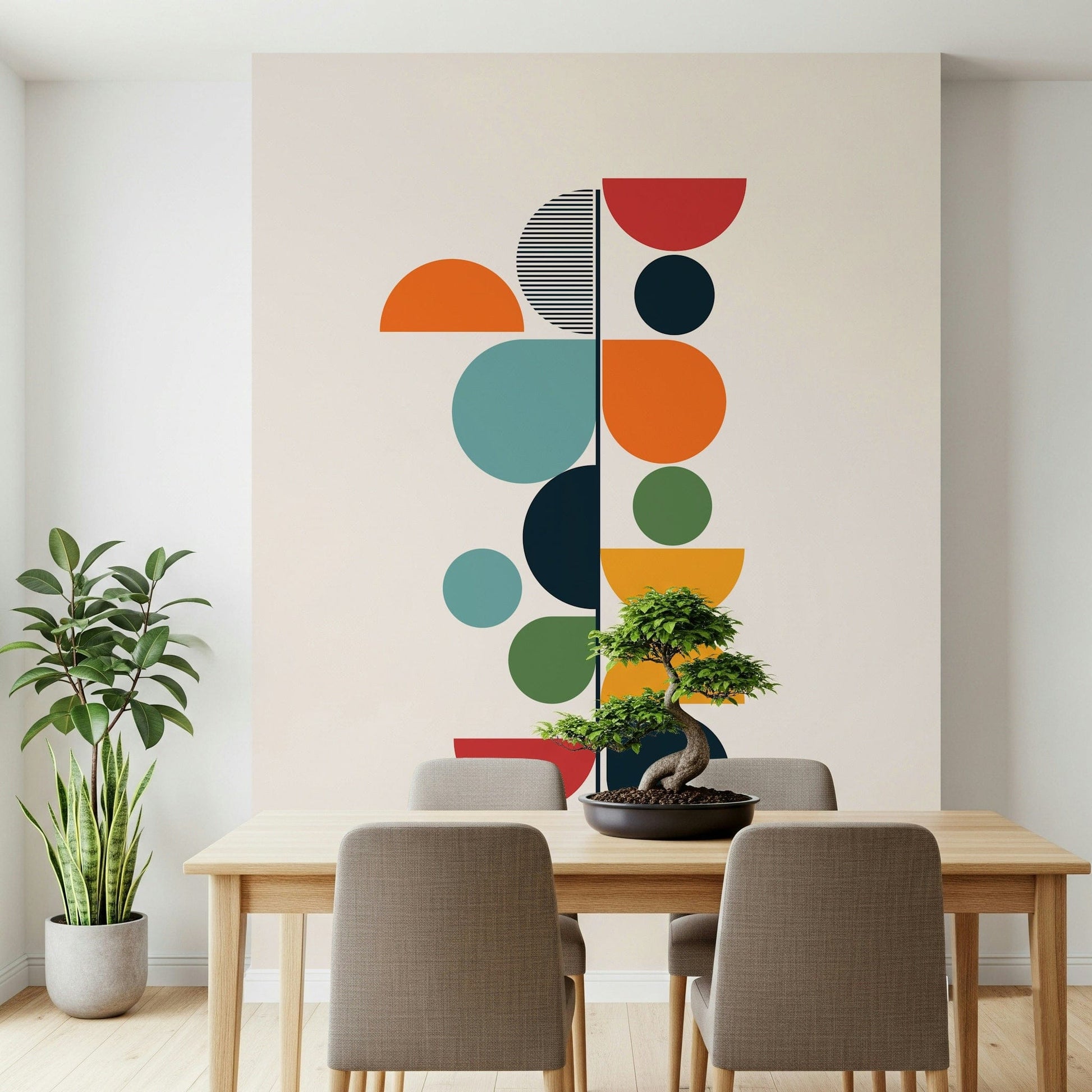 Bauhaus Spring wallpaper mural behind a wood dining table with a bonsai centerpiece