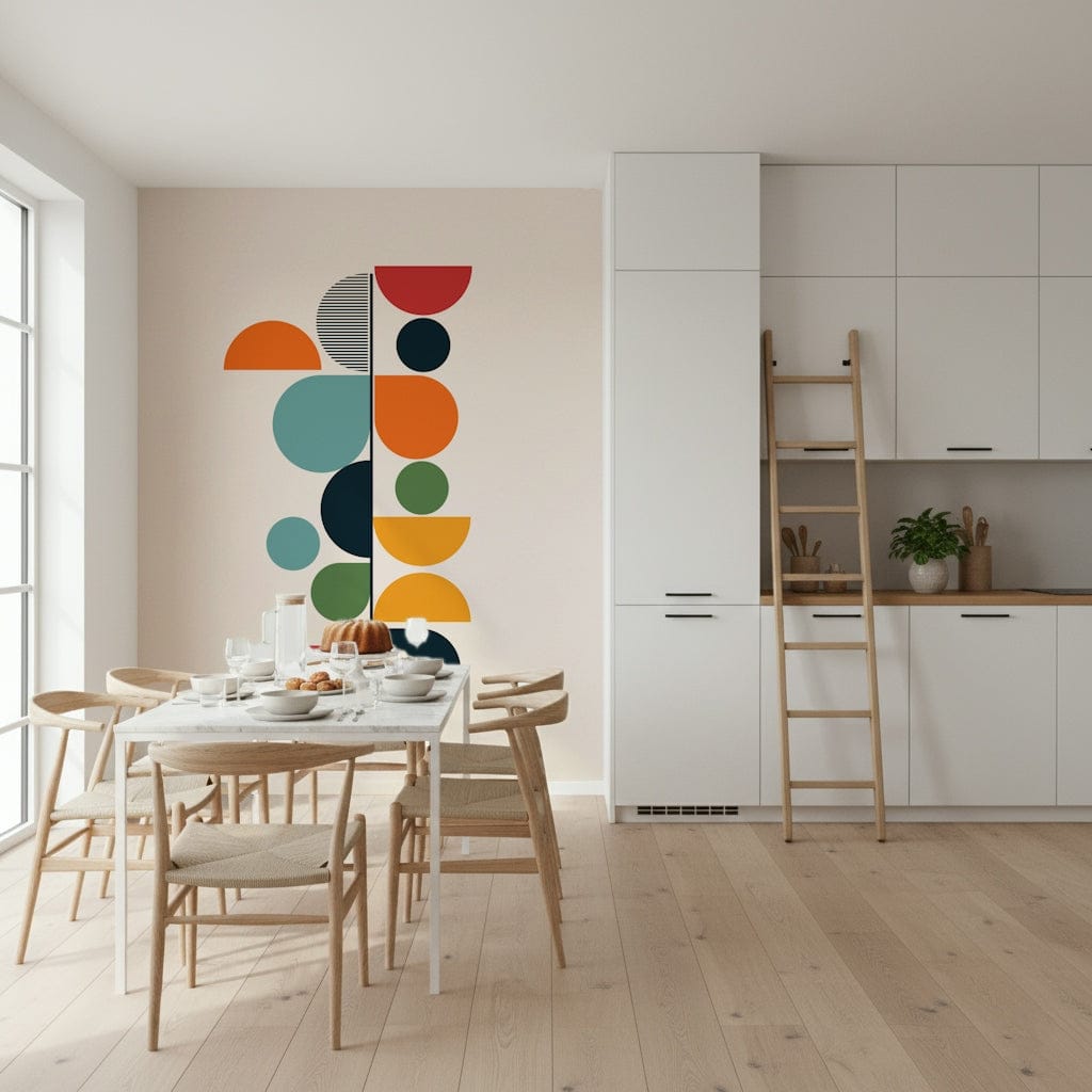 Bauhaus Spring wallpaper mural beside a white marble dining table and wishbone chairs in a kitchen