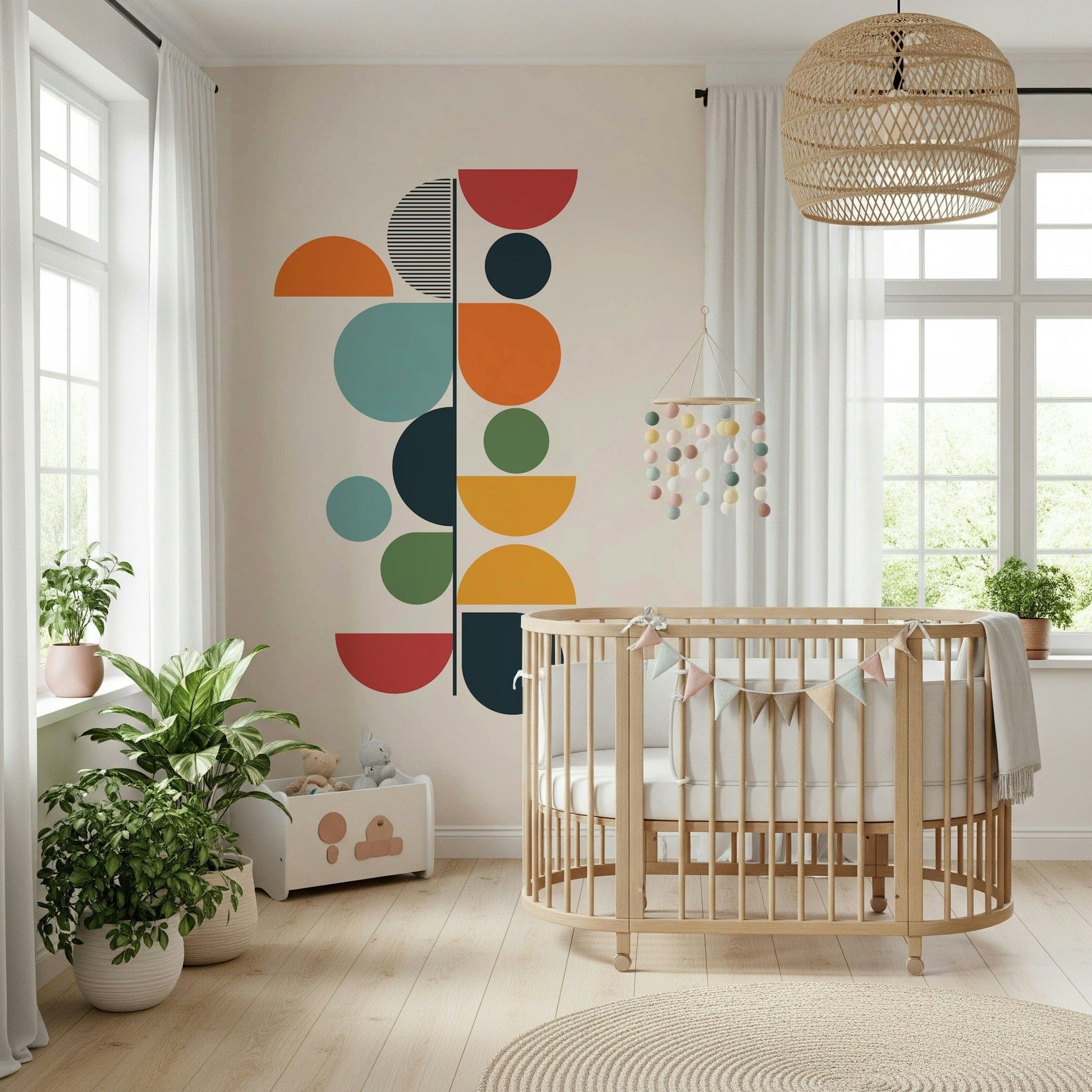Bauhaus Spring wallpaper mural beside an oval wood crib and rattan pendant in a bright nursery