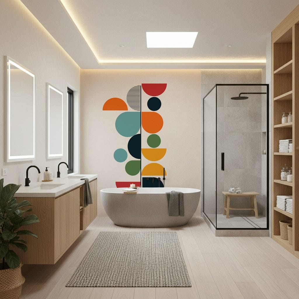 Bauhaus Spring wallpaper mural behind a freestanding tub in a bathroom with a glass shower