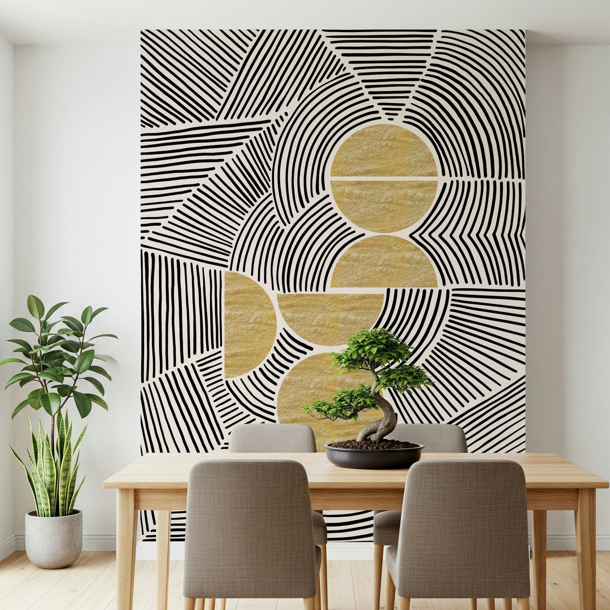 Bauhaus Tribal wallpaper mural in black-and-white lines with gold discs behind a wood dining table