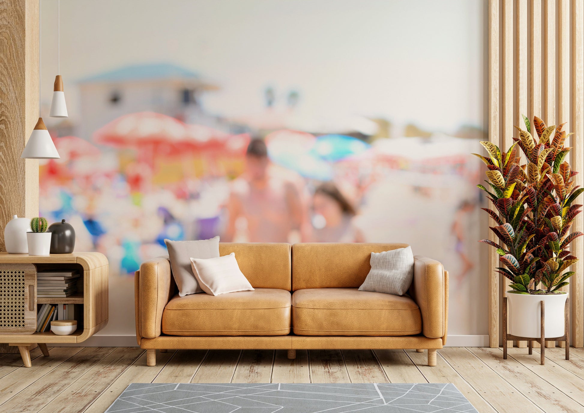 A graceful wave motion wall mural in cool, natural tones.

