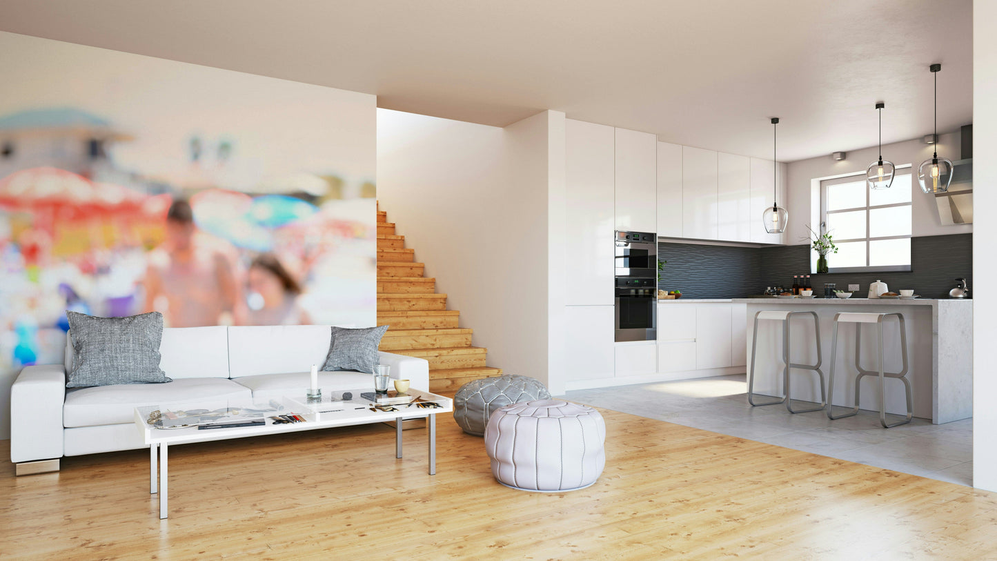 An artistic seaside view mural on minimalist wallpaper.

