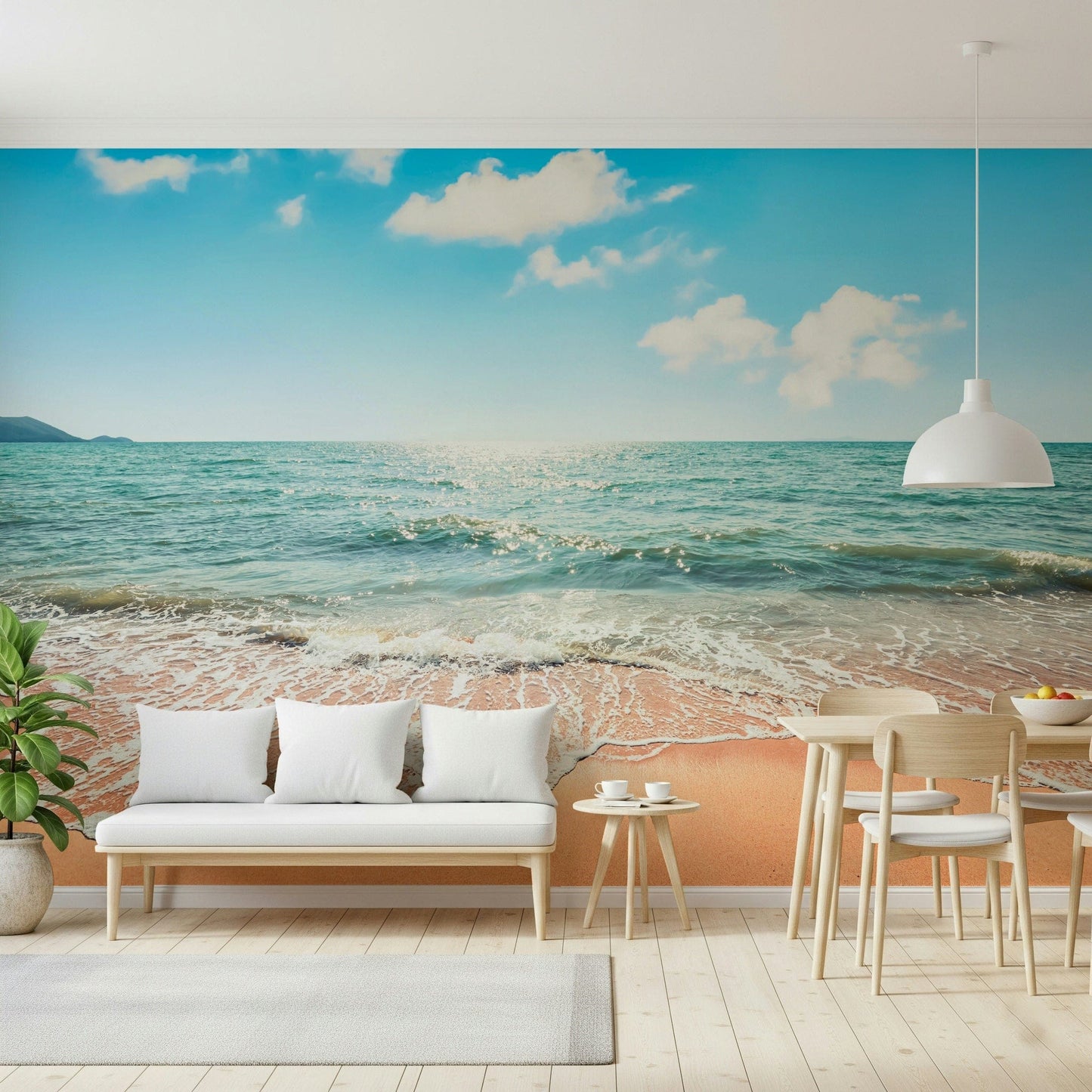 Serene, pristine beach horizon wallpaper scenic ocean art.